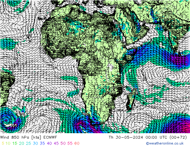 Wind 850 hPa ECMWF Čt 30.05.2024 00 UTC