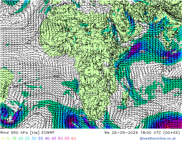 Wind 950 hPa ECMWF wo 29.05.2024 18 UTC