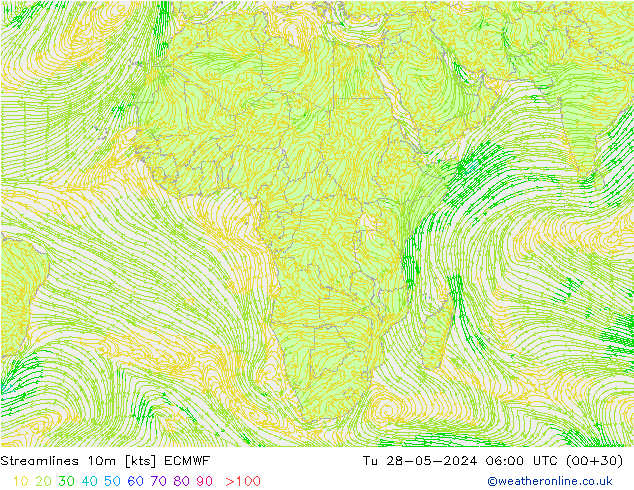 Streamlines 10m ECMWF Tu 28.05.2024 06 UTC