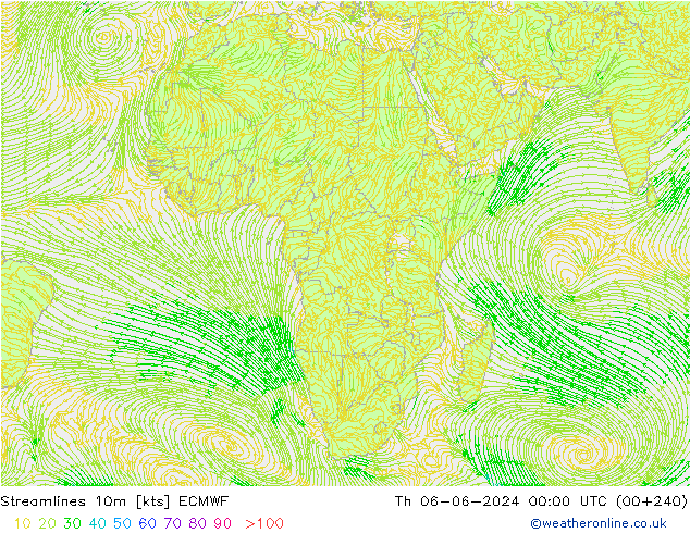 Streamlines 10m ECMWF Th 06.06.2024 00 UTC