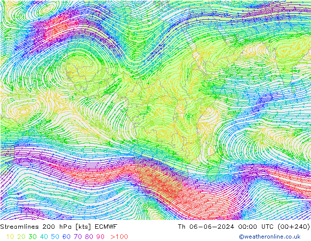 Streamlines 200 hPa ECMWF Th 06.06.2024 00 UTC