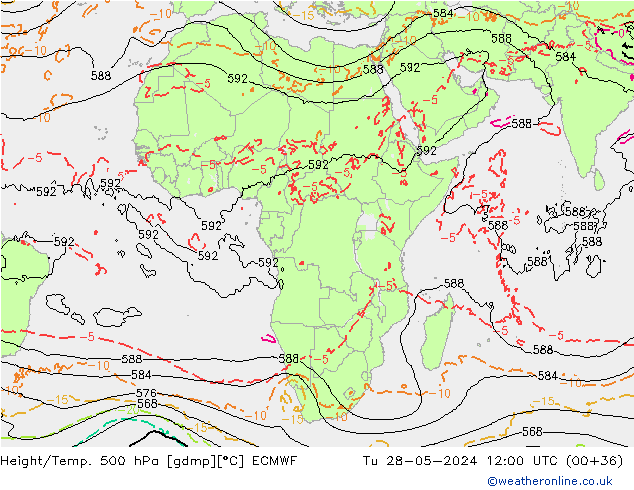 Z500/Rain (+SLP)/Z850 ECMWF Út 28.05.2024 12 UTC