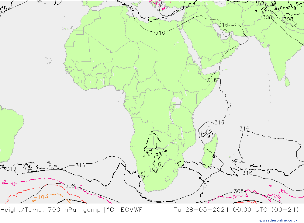 Hoogte/Temp. 700 hPa ECMWF di 28.05.2024 00 UTC