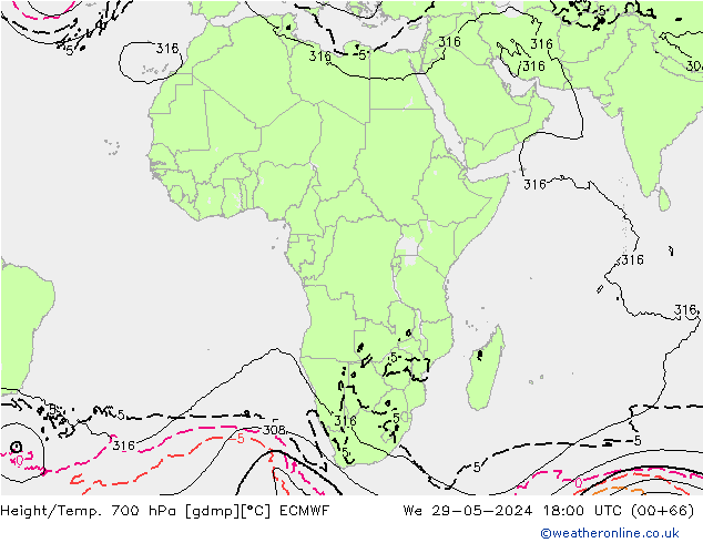 Height/Temp. 700 hPa ECMWF We 29.05.2024 18 UTC