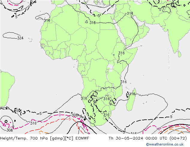 Height/Temp. 700 hPa ECMWF Th 30.05.2024 00 UTC