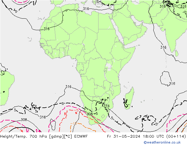 Height/Temp. 700 hPa ECMWF Fr 31.05.2024 18 UTC
