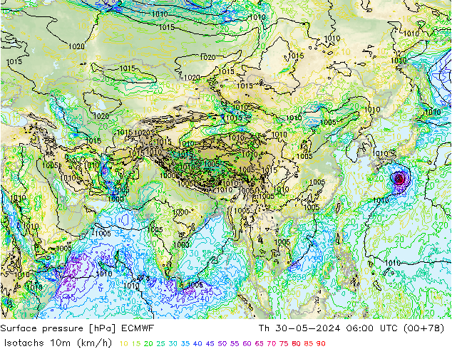 Isotachs (kph) ECMWF Qui 30.05.2024 06 UTC