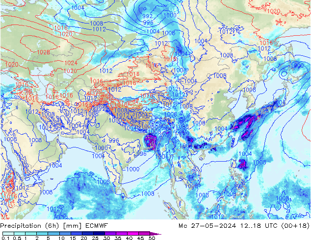 осадки (6h) ECMWF пн 27.05.2024 18 UTC