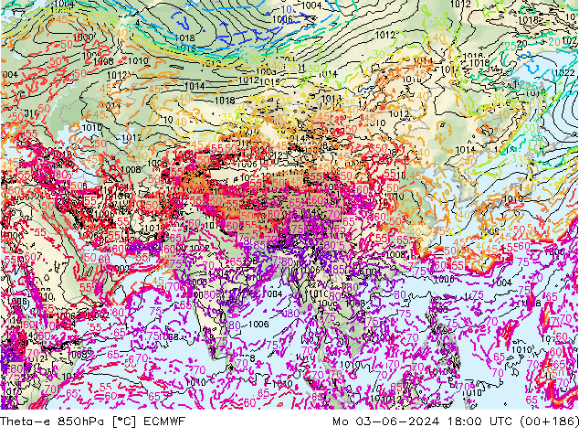 Theta-e 850hPa ECMWF ma 03.06.2024 18 UTC