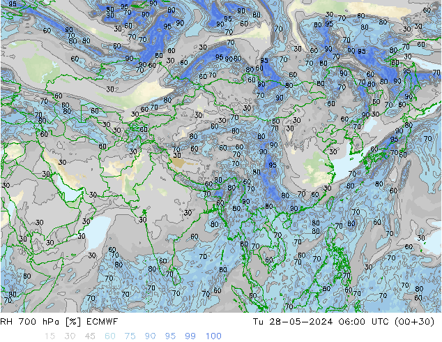 Humidité rel. 700 hPa ECMWF mar 28.05.2024 06 UTC