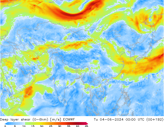 Deep layer shear (0-6km) ECMWF Tu 04.06.2024 00 UTC