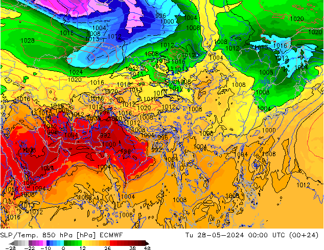 SLP/Temp. 850 hPa ECMWF  28.05.2024 00 UTC