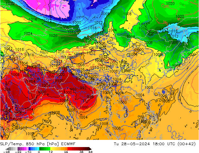 850 hPa Yer Bas./Sıc ECMWF Sa 28.05.2024 18 UTC