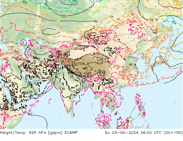 Yükseklik/Sıc. 925 hPa ECMWF Paz 02.06.2024 06 UTC