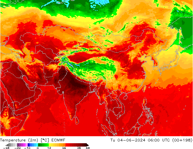 Temperatuurkaart (2m) ECMWF di 04.06.2024 06 UTC