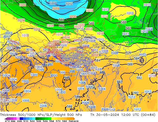 Espesor 500-1000 hPa ECMWF jue 30.05.2024 12 UTC