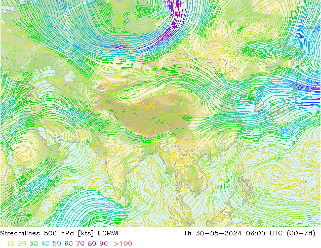 Linha de corrente 500 hPa ECMWF Qui 30.05.2024 06 UTC