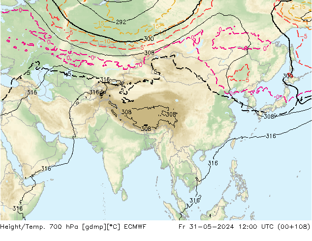 Height/Temp. 700 hPa ECMWF Fr 31.05.2024 12 UTC