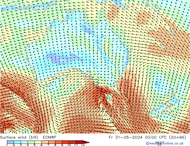  10 m (bft) ECMWF  31.05.2024 00 UTC