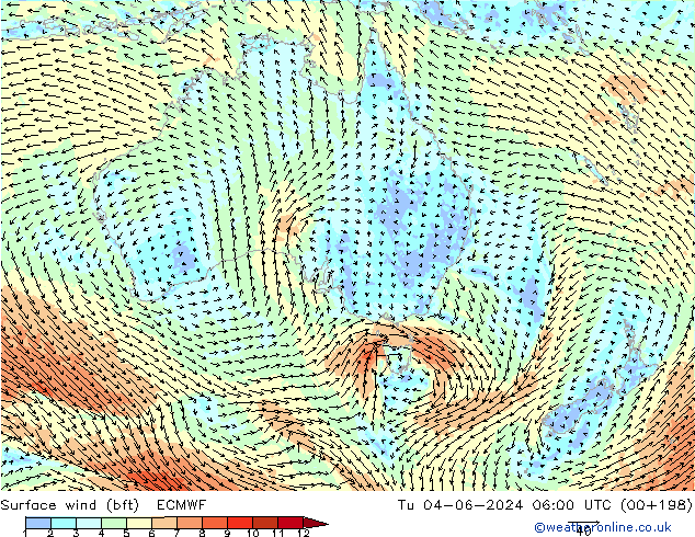 Bodenwind (bft) ECMWF Di 04.06.2024 06 UTC