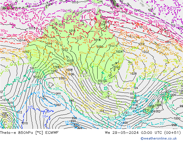 Theta-e 850hPa ECMWF We 29.05.2024 03 UTC