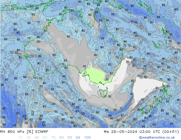 RH 850 hPa ECMWF śro. 29.05.2024 03 UTC