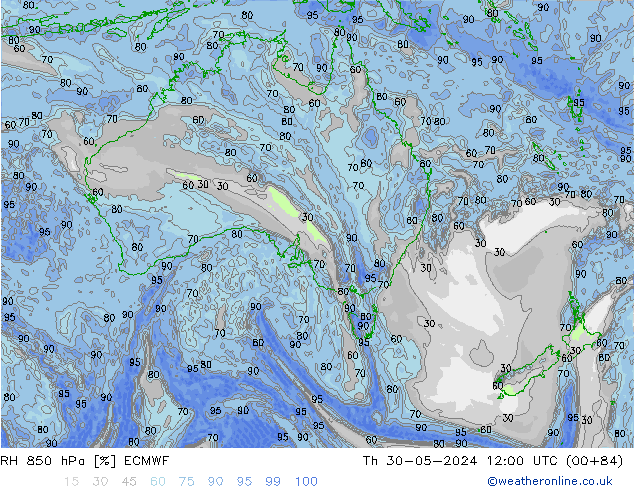 RH 850 hPa ECMWF Qui 30.05.2024 12 UTC