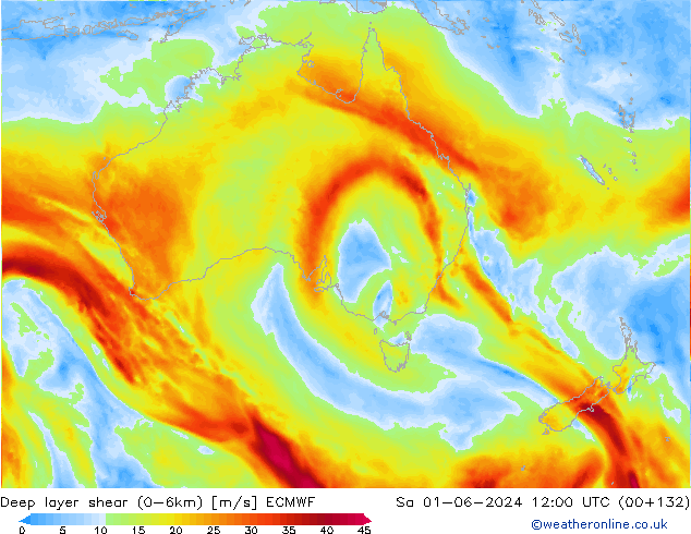 Deep layer shear (0-6km) ECMWF so. 01.06.2024 12 UTC