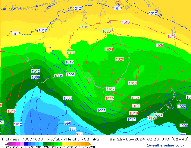 Schichtdicke 700-1000 hPa ECMWF Mi 29.05.2024 00 UTC