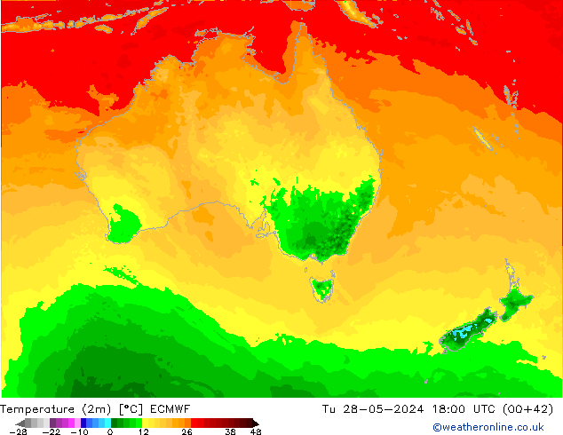 Temperatuurkaart (2m) ECMWF di 28.05.2024 18 UTC