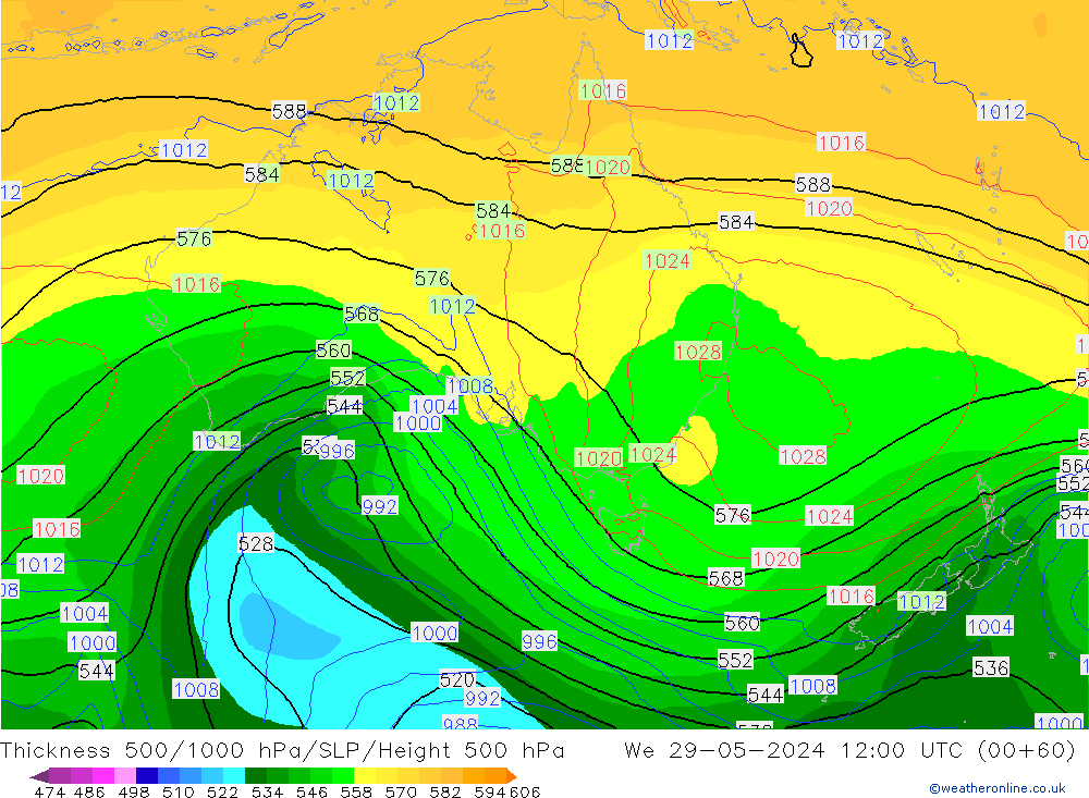 Dikte 500-1000hPa ECMWF wo 29.05.2024 12 UTC