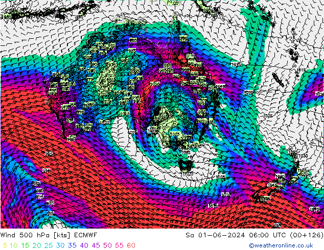 wiatr 500 hPa ECMWF so. 01.06.2024 06 UTC