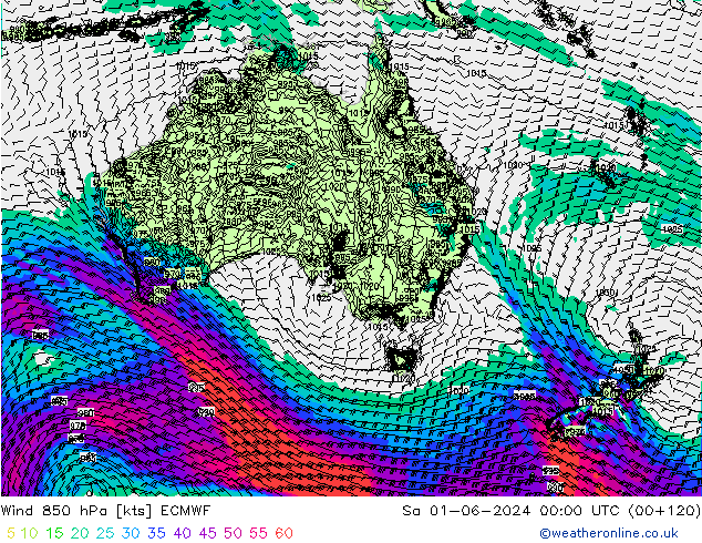 Vento 850 hPa ECMWF Sáb 01.06.2024 00 UTC