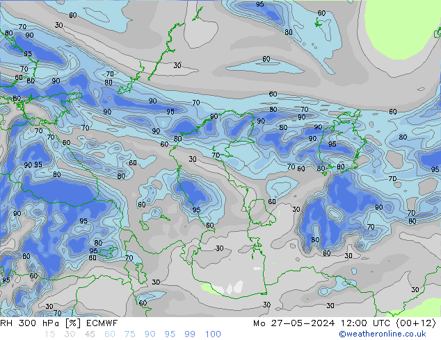 RH 300 hPa ECMWF pon. 27.05.2024 12 UTC