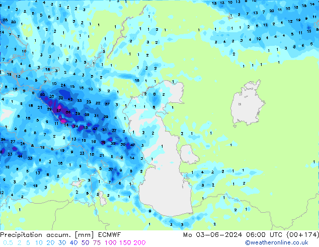 Precipitation accum. ECMWF пн 03.06.2024 06 UTC