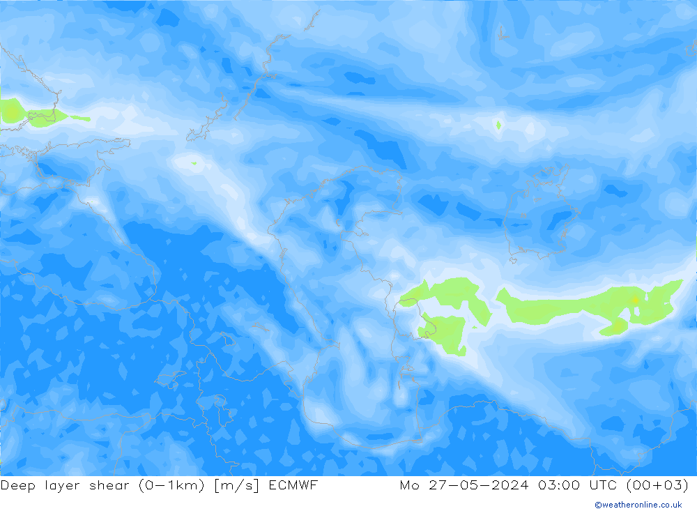 Deep layer shear (0-1km) ECMWF lun 27.05.2024 03 UTC