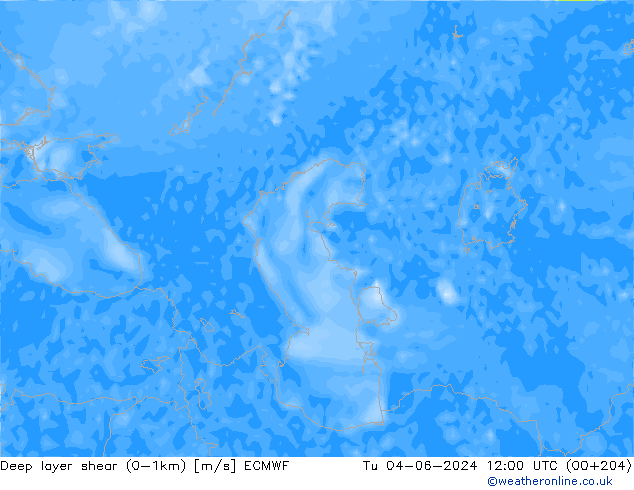 Deep layer shear (0-1km) ECMWF Di 04.06.2024 12 UTC