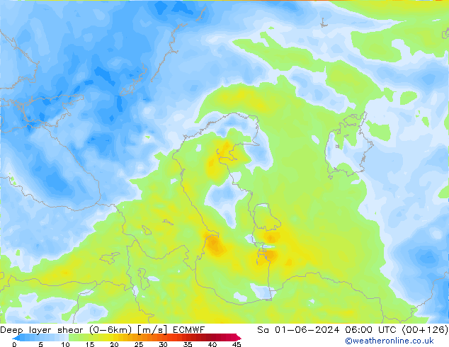 Deep layer shear (0-6km) ECMWF So 01.06.2024 06 UTC