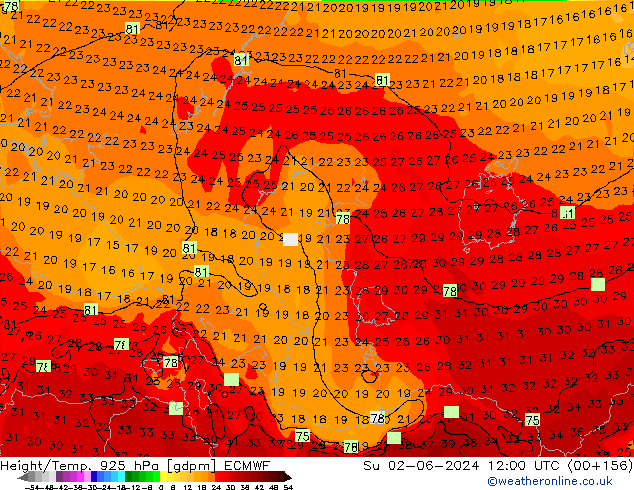 Height/Temp. 925 hPa ECMWF Dom 02.06.2024 12 UTC