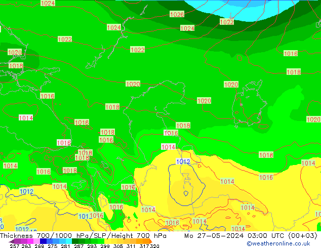 Thck 700-1000 гПа ECMWF пн 27.05.2024 03 UTC