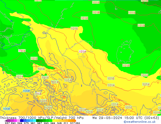 Espesor 700-1000 hPa ECMWF mié 29.05.2024 15 UTC