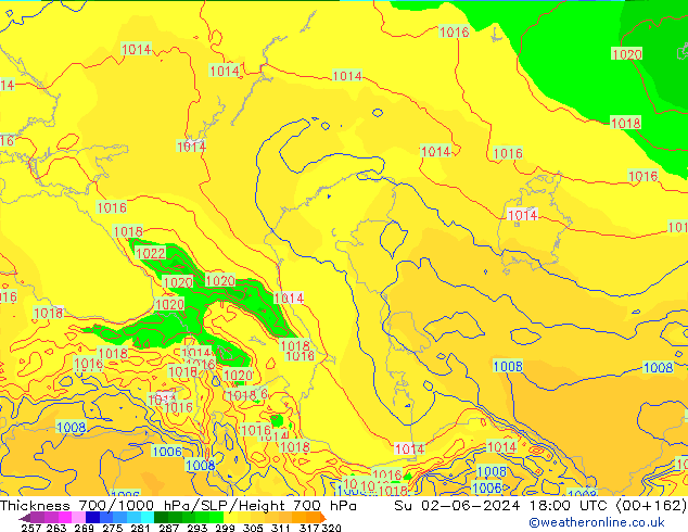 Espesor 700-1000 hPa ECMWF dom 02.06.2024 18 UTC