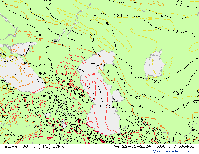 Theta-e 700hPa ECMWF Qua 29.05.2024 15 UTC