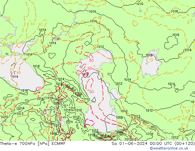 Theta-e 700hPa ECMWF So 01.06.2024 00 UTC