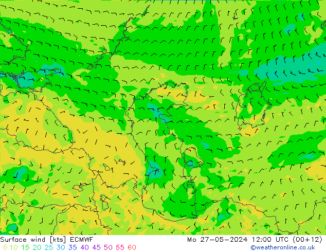 wiatr 10 m ECMWF pon. 27.05.2024 12 UTC