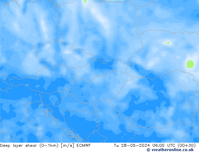 Deep layer shear (0-1km) ECMWF Út 28.05.2024 06 UTC