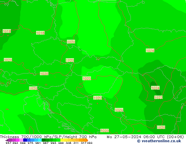 Thck 700-1000 hPa ECMWF pon. 27.05.2024 06 UTC