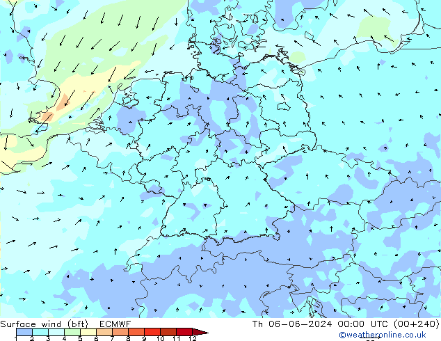 Vento 10 m (bft) ECMWF gio 06.06.2024 00 UTC