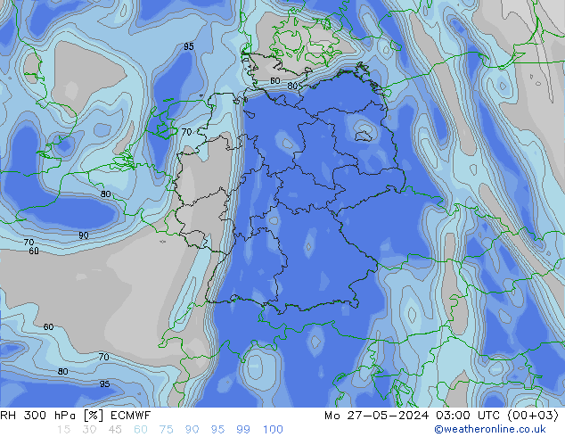 RH 300 hPa ECMWF Mo 27.05.2024 03 UTC