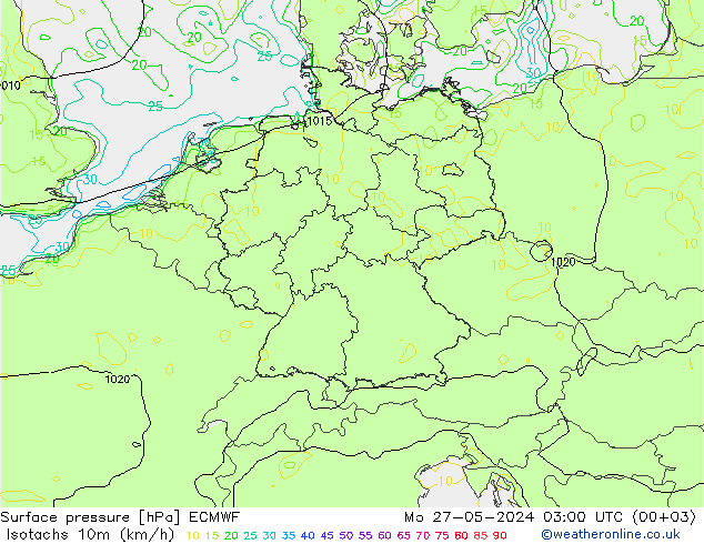 Isotachen (km/h) ECMWF ma 27.05.2024 03 UTC